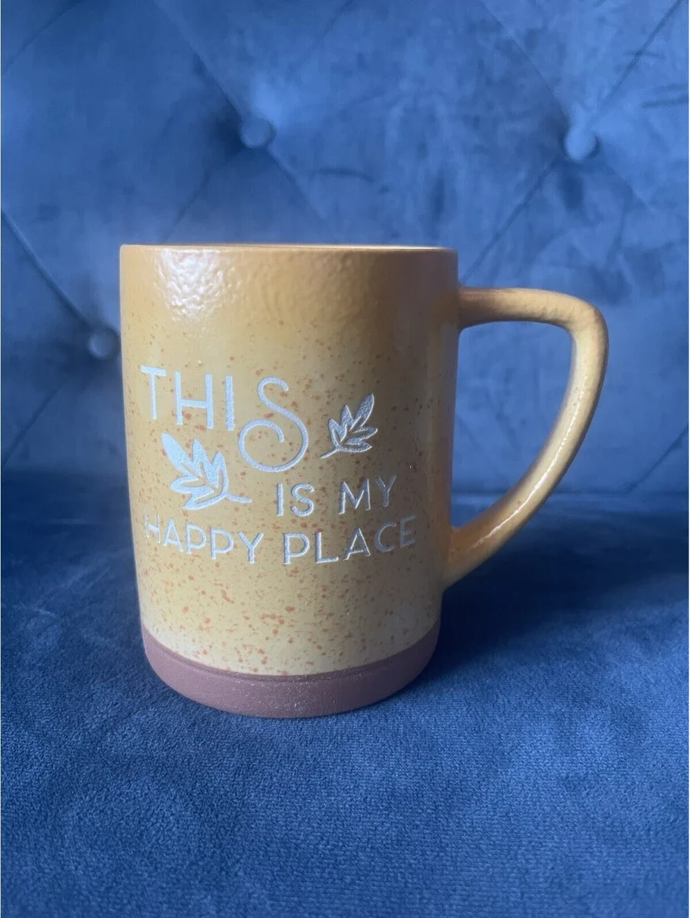 Place & Time Coffee Mug Yellow This Is My Happy Place Handle Large Speckled EUC